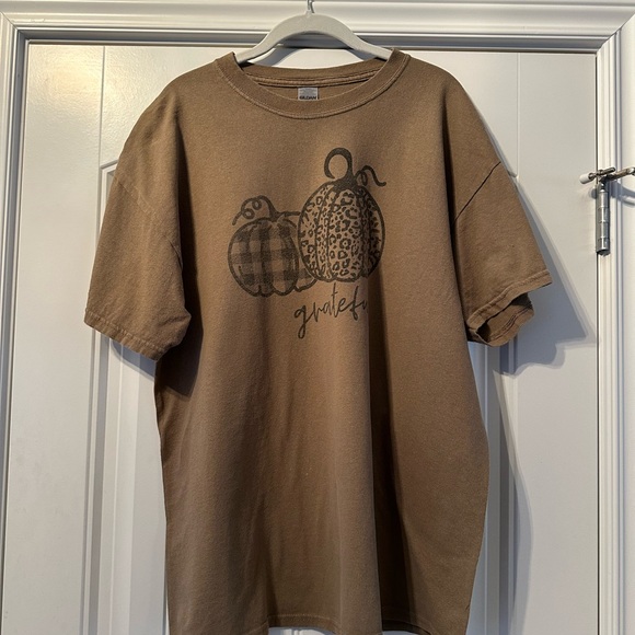 Final Markdown Tan Grateful Casual T-Shirt With Pumpkins - Picture 2 of 7